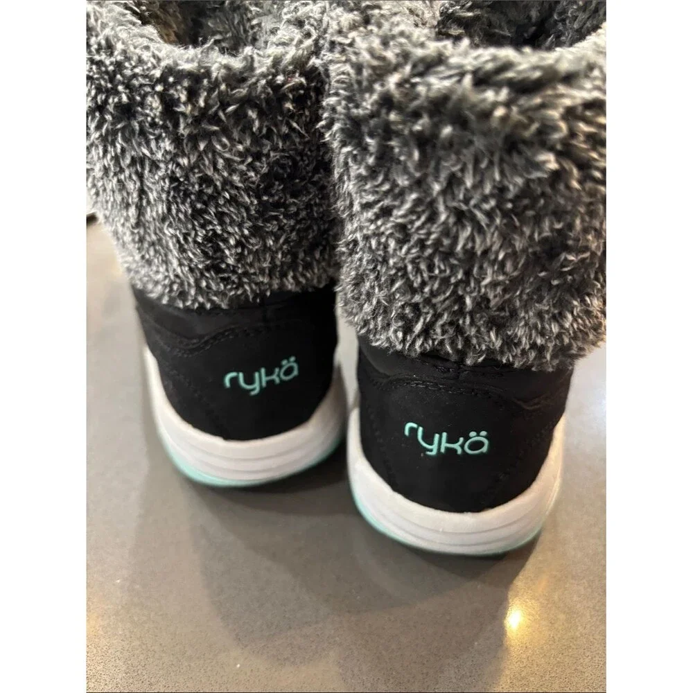 Ryka Addison size 8 Black Quilted Boots with Faux Fur and blue accents
